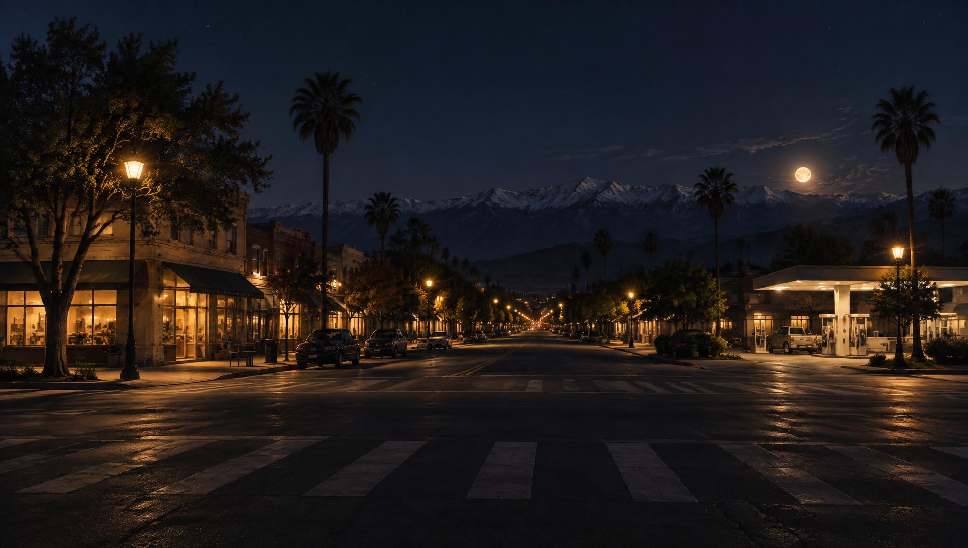 Nighttime Valley street with the Sierra Nevada behind